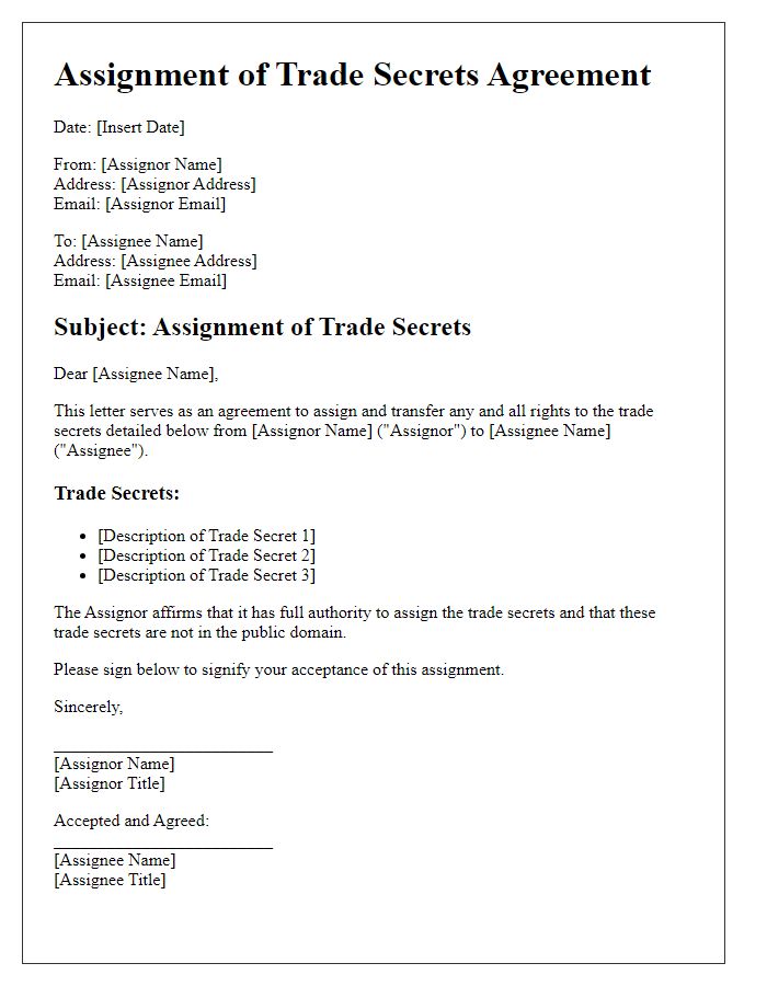 Letter template of Assignment of Trade Secrets Agreement