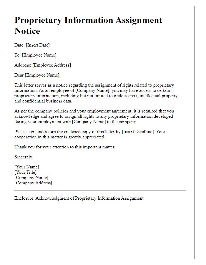 Letter template of Proprietary Information Assignment Notice