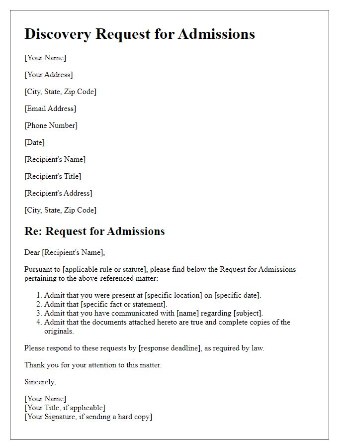 Letter template of Discovery Request for Admissions