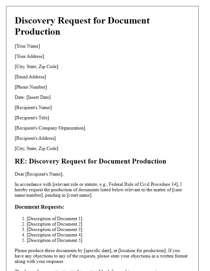 Letter template of Discovery Request for Document Production