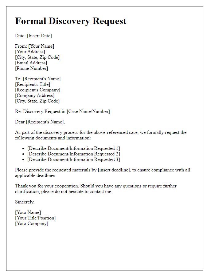 Letter template of Formal Discovery Request Submission