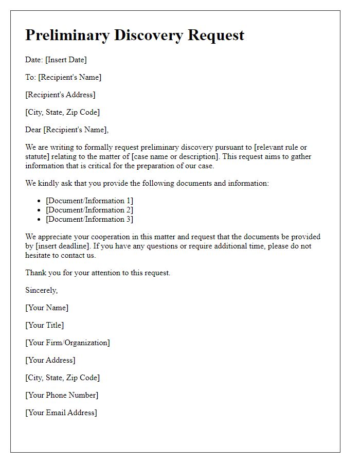 Letter template of Preliminary Discovery Request