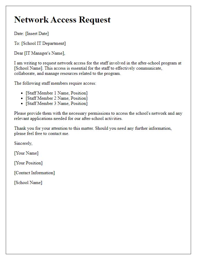 Letter template of school network access request for after-school program staff