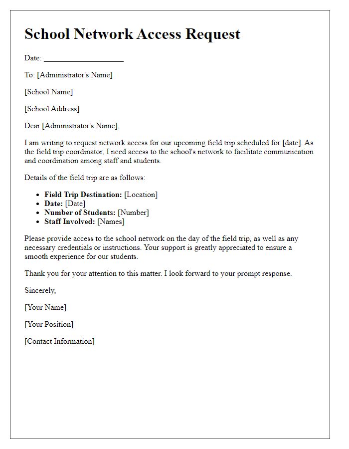 Letter template of school network access request for field trip coordinators