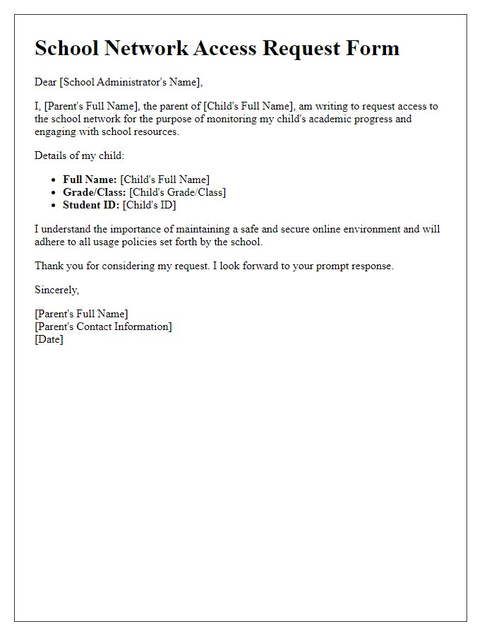 Letter template of school network access request for parents