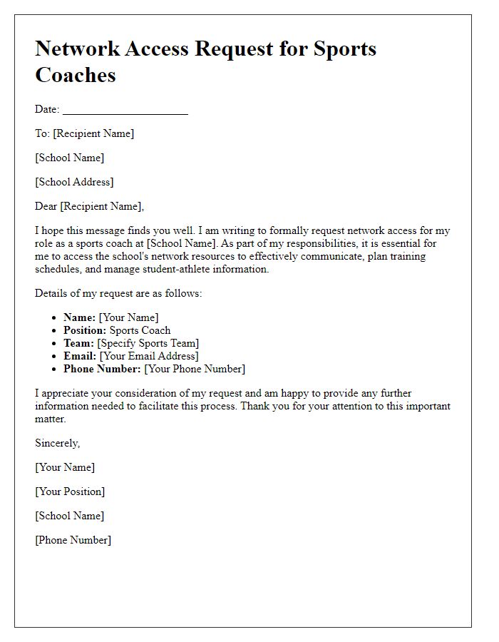 Letter template of school network access request for sports coaches