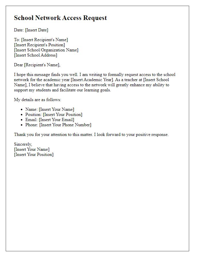 Letter template of school network access request for teachers