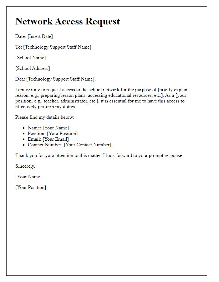 Letter template of school network access request for technology support staff