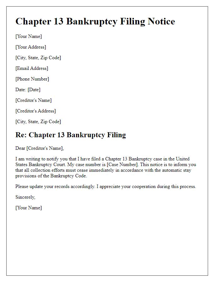 Letter template of Chapter 13 bankruptcy filing notice