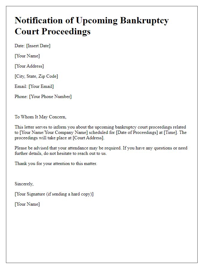 Letter template of upcoming bankruptcy court proceedings