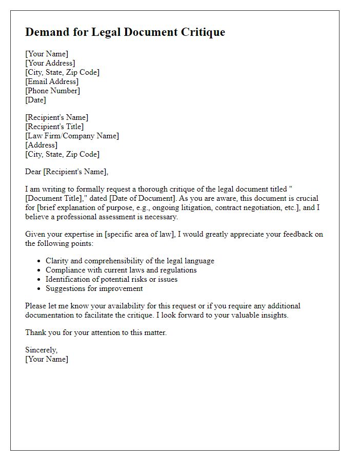 Letter template of demand for legal document critique