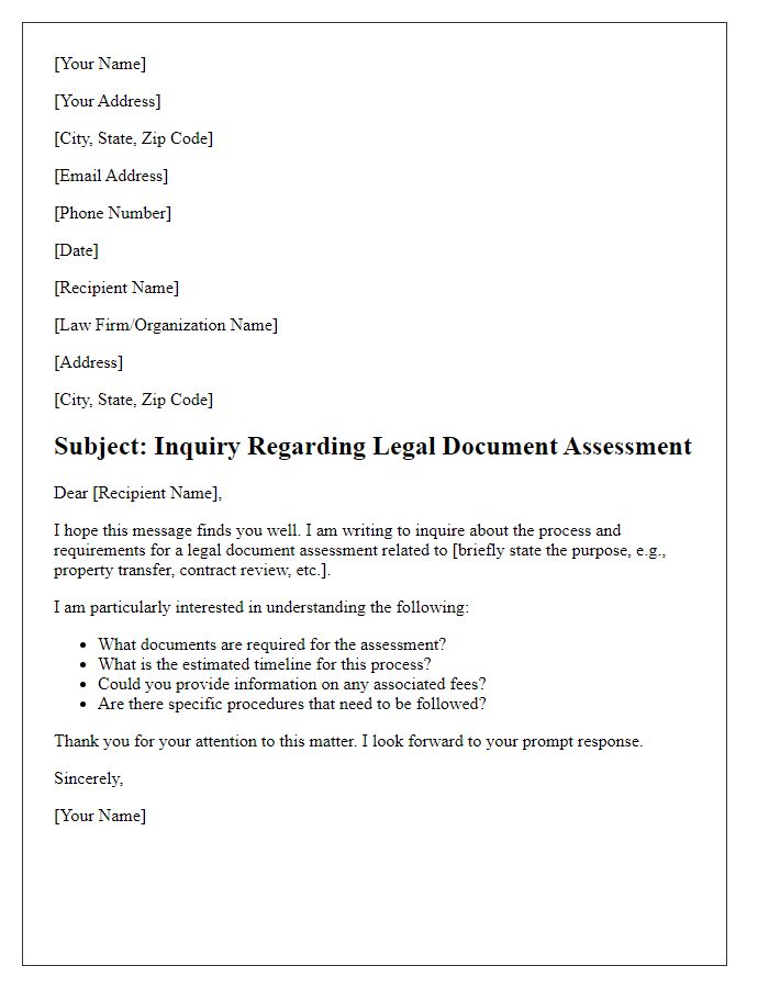 Letter template of inquiry regarding legal document assessment