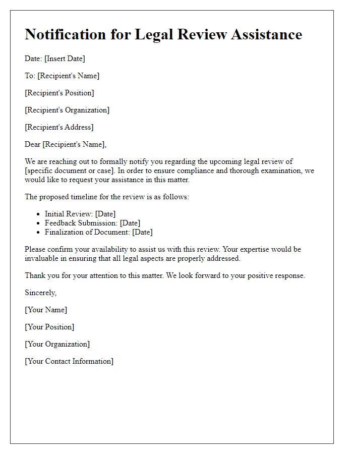 Letter template of notification for legal review assistance