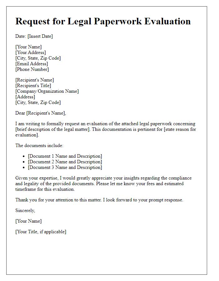 Letter template of requirement for legal paperwork evaluation