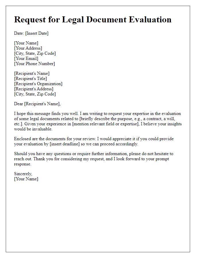 Letter template of solicitation for legal document evaluation