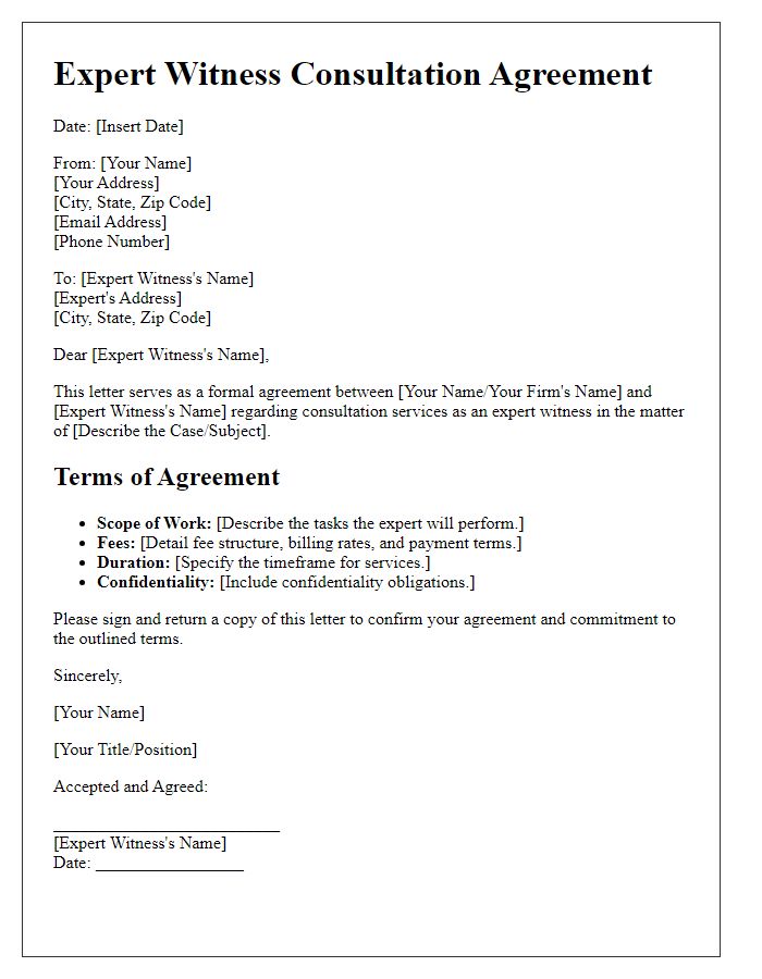 Letter template of agreement for expert witness consultation