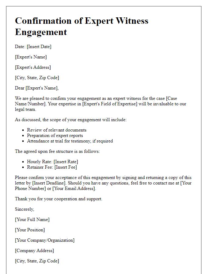 Letter template of confirmation for expert witness engagement