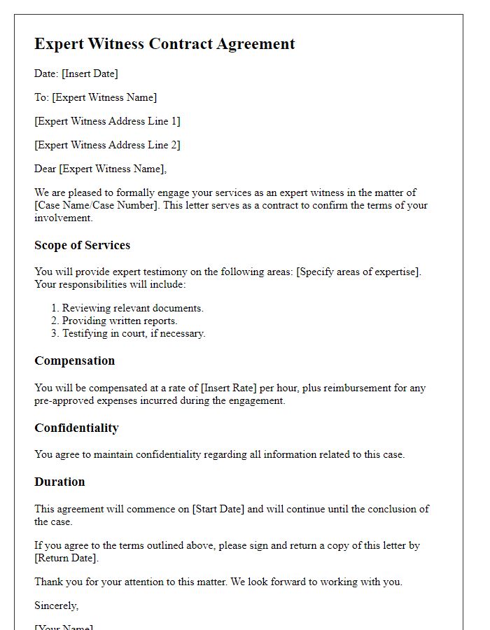 Letter template of contract for expert witness involvement