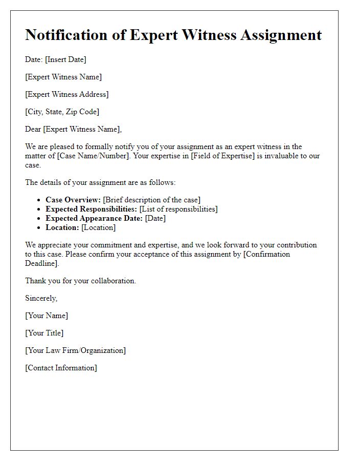 Letter template of notification for expert witness assignment