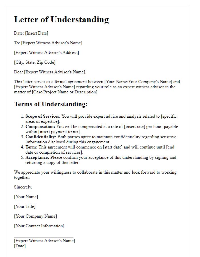 Letter template of understanding with expert witness advisor