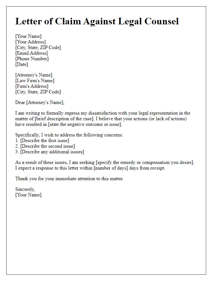 Letter template of claim against legal counsel