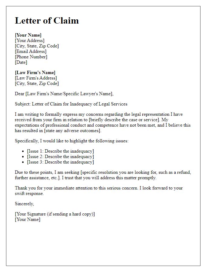 Letter template of claim for legal service inadequacy