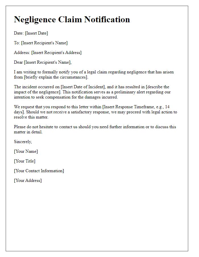 Letter template of legal negligence claim alert