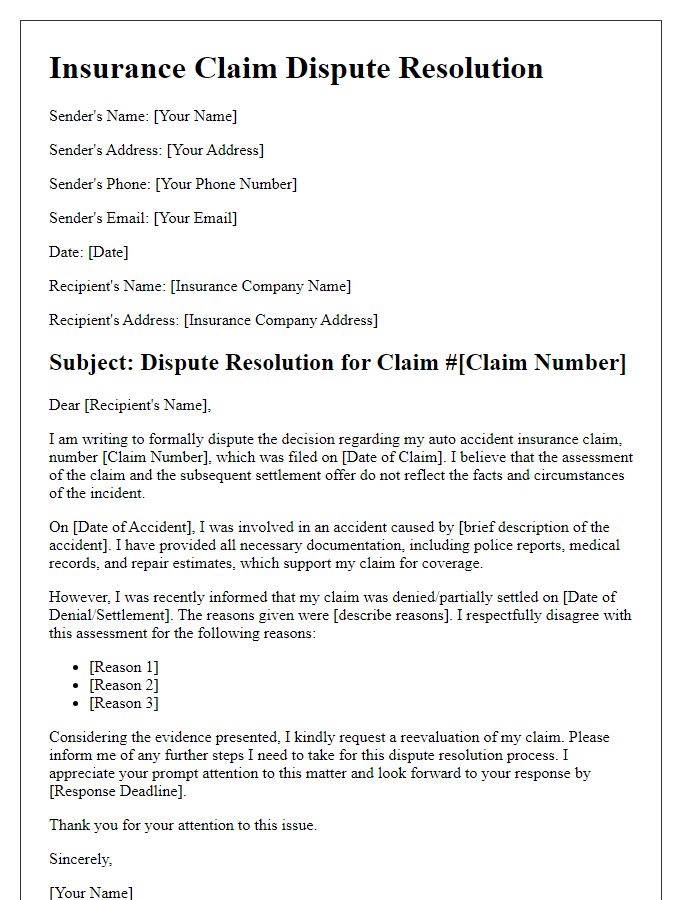 Letter template of insurance claim dispute resolution for auto accident claims.