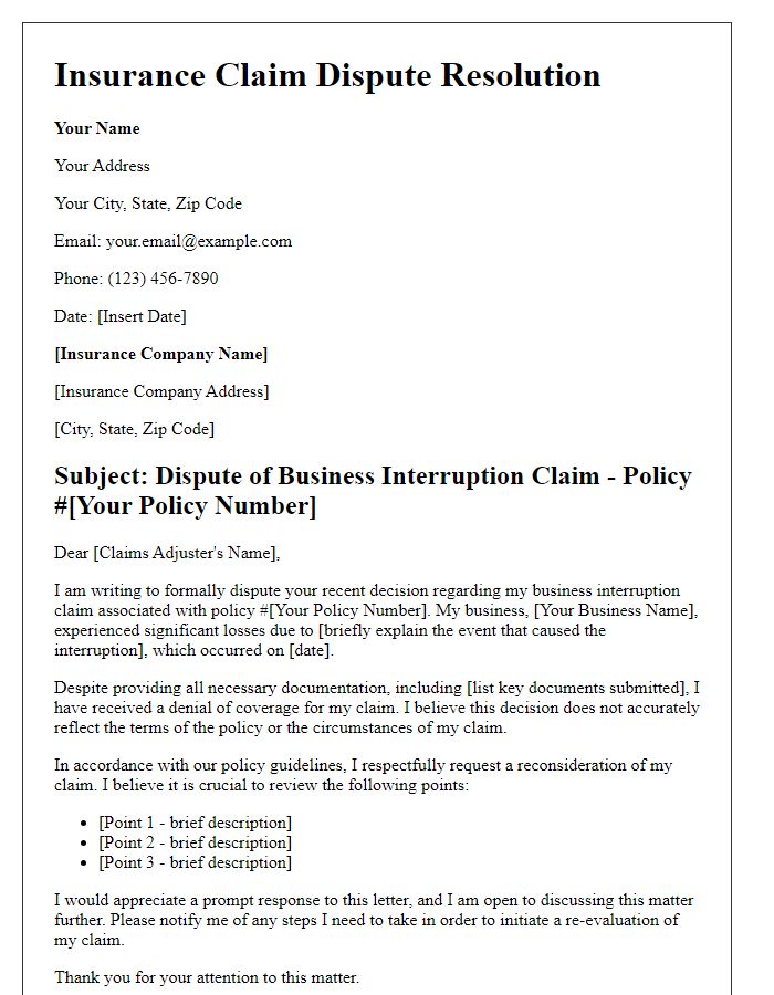 Letter template of insurance claim dispute resolution for business interruption.