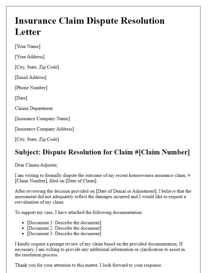 Letter template of insurance claim dispute resolution for homeowners insurance.