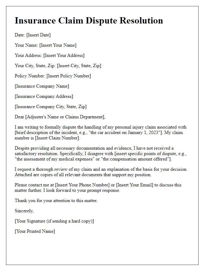 Letter template of insurance claim dispute resolution for personal injury.