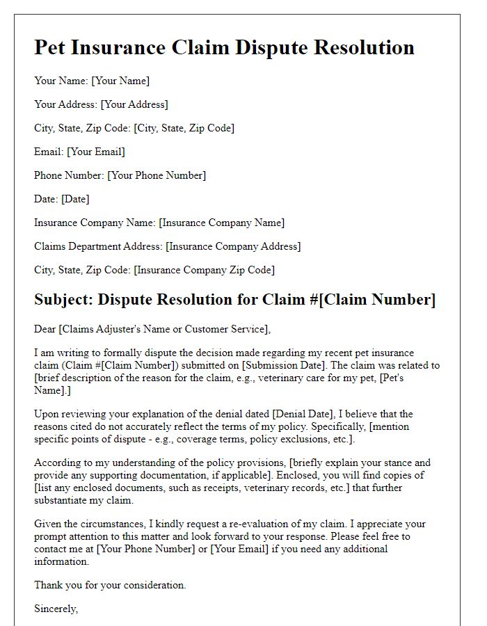 Letter template of insurance claim dispute resolution for pet insurance.