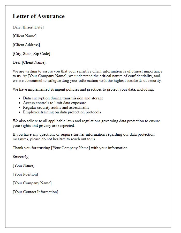 Letter template of assurance regarding sensitive client information