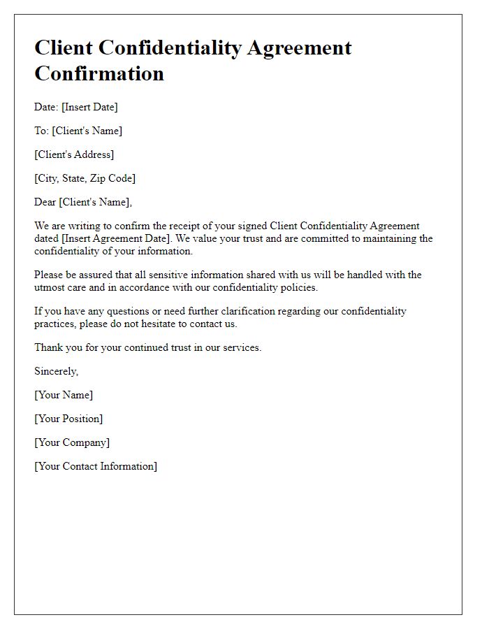 Letter template of client confidentiality agreement confirmation