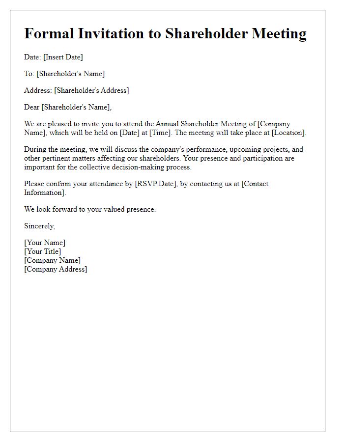 Letter template of formal invitation for shareholder meeting.