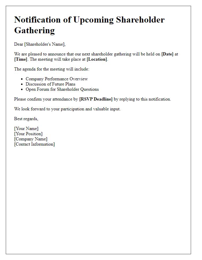 Letter template of notification for upcoming shareholder gathering.