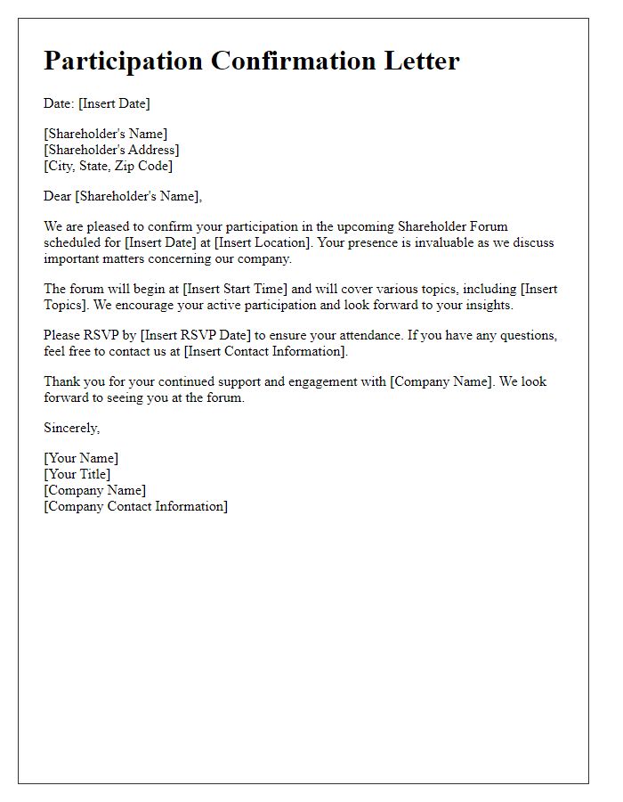 Letter template of participation confirmation for shareholder forum.