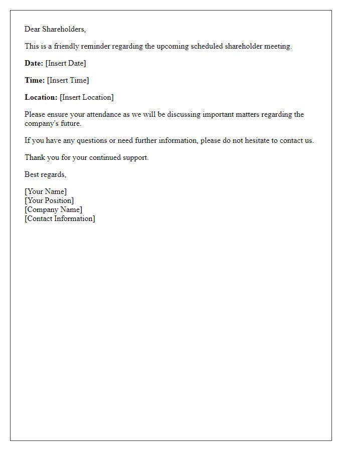 Letter template of reminder for scheduled shareholder meeting.