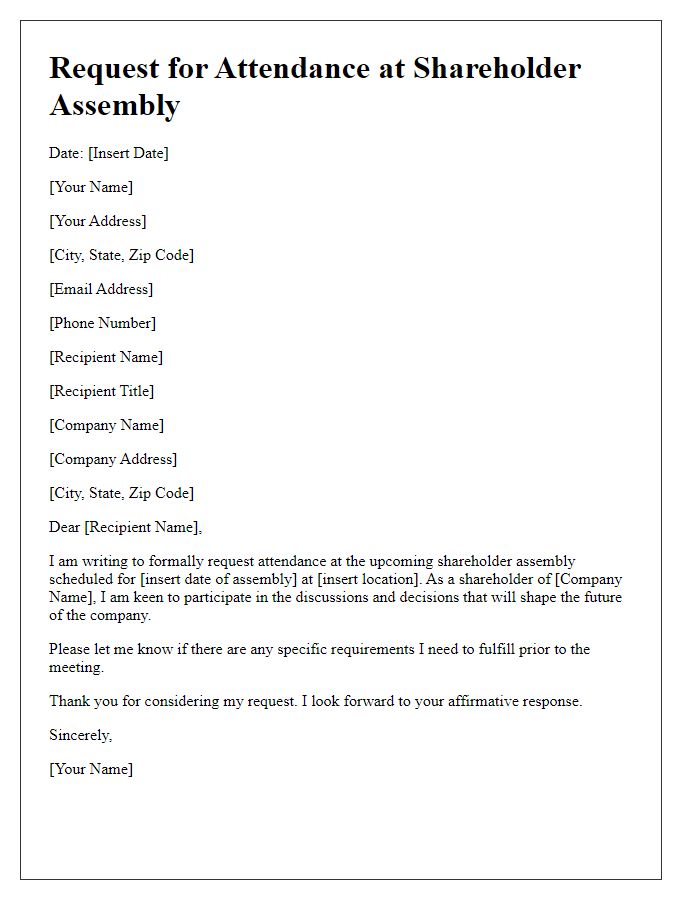 Letter template of request for attendance at shareholder assembly.