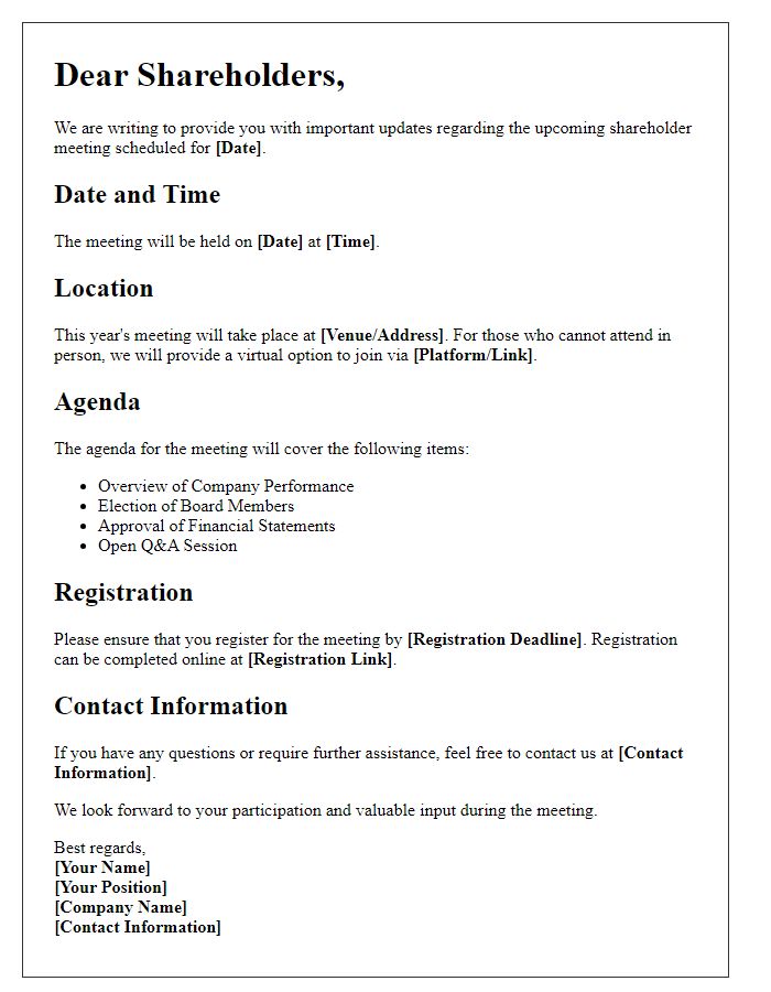 Letter template of updates related to shareholder meeting logistics.