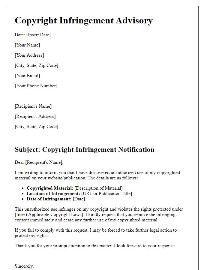 Letter template of copyright infringement advisory for online publication rights