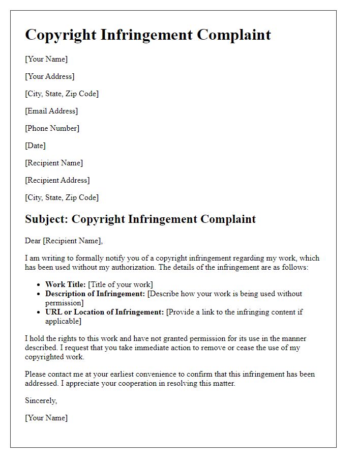 Letter template of copyright infringement complaint for unauthorized use