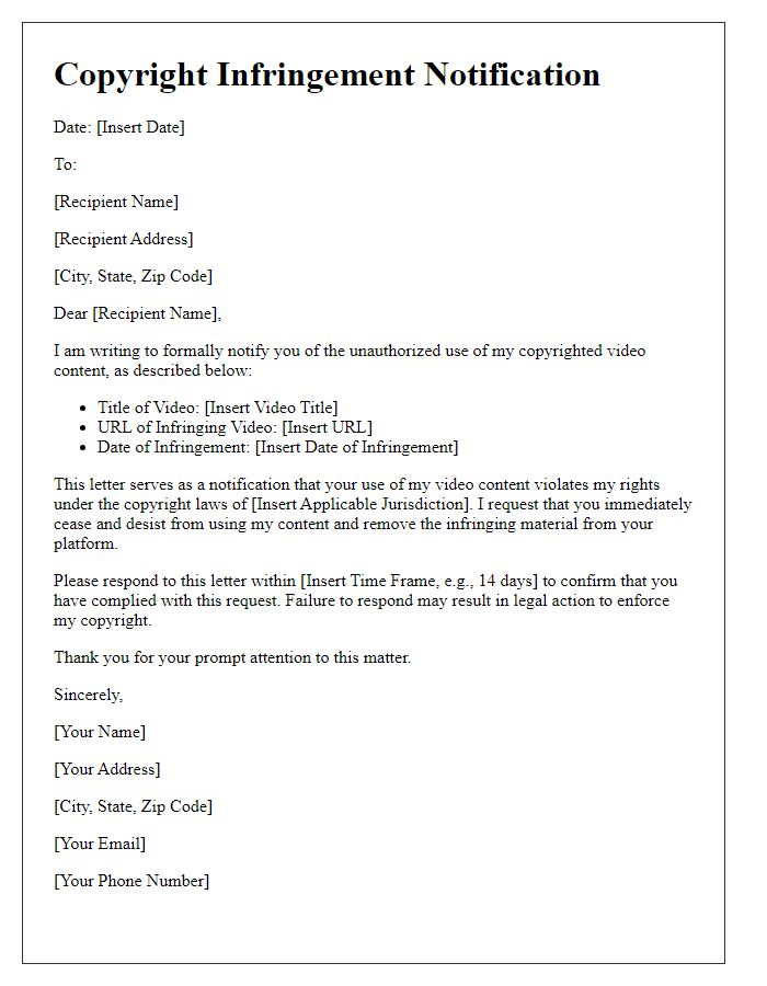 Letter template of copyright infringement letter for video content misuse