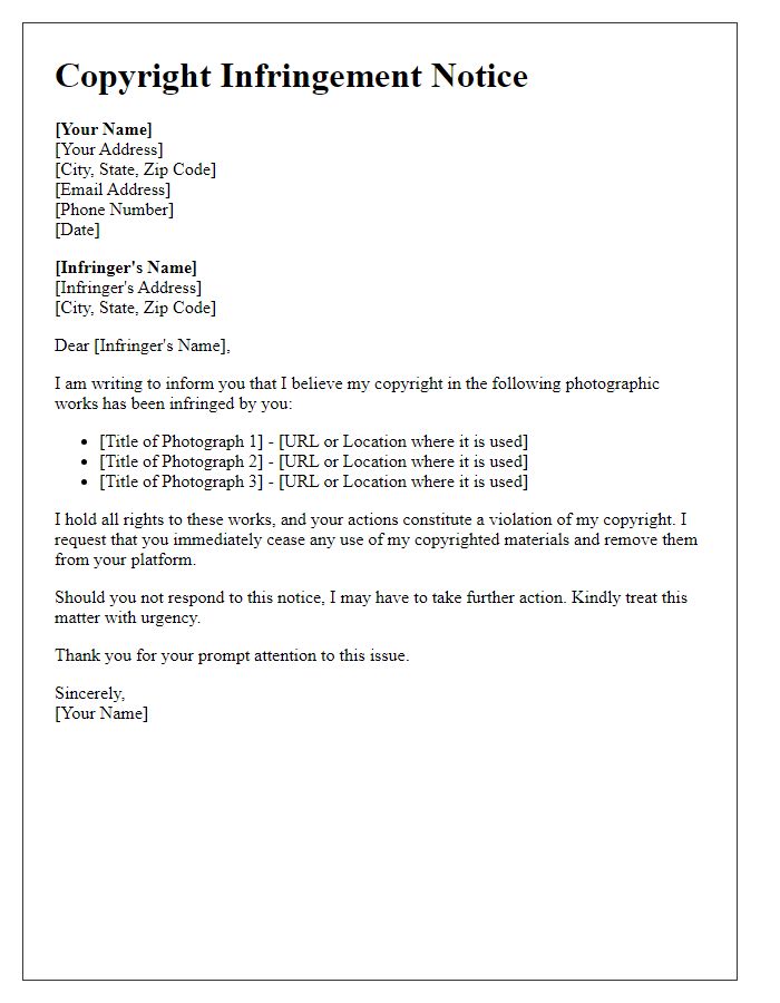 Letter template of copyright infringement message for photographic works