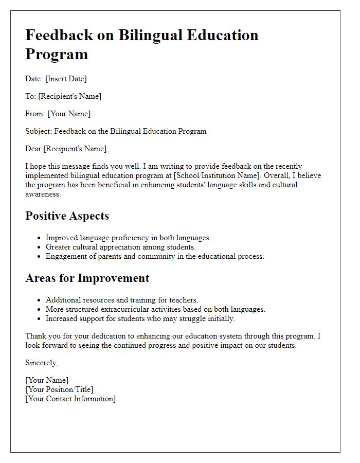 Letter template of feedback on bilingual education program