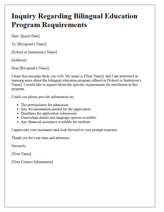 Letter template of inquiry regarding bilingual education program requirements