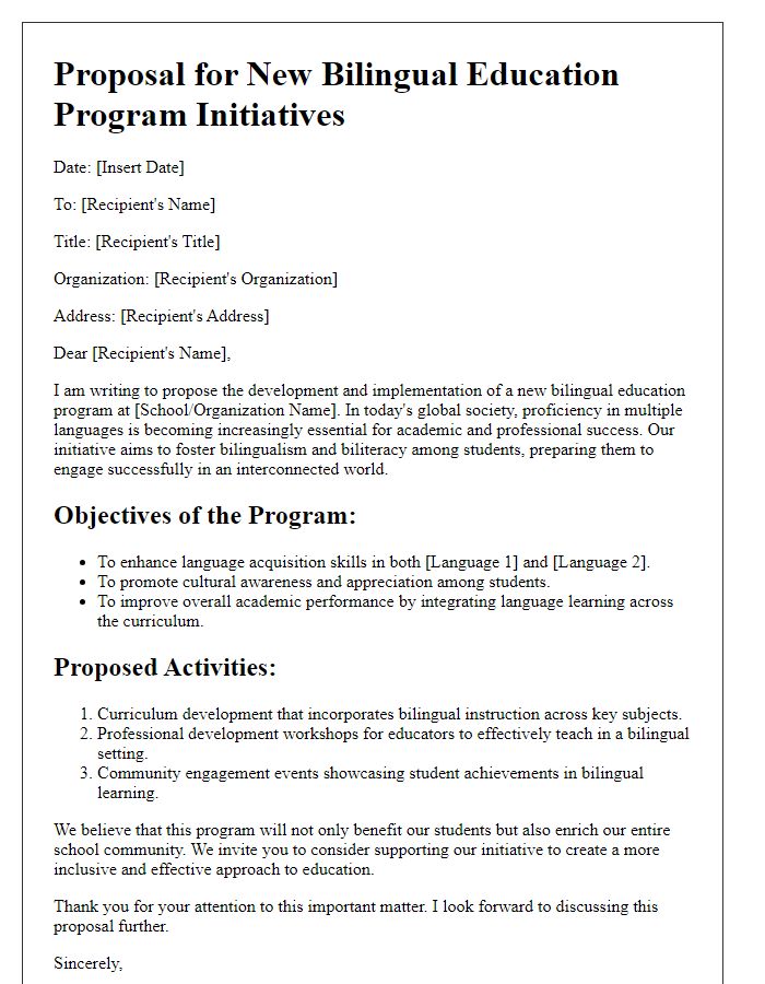 Letter template of proposal for new bilingual education program initiatives