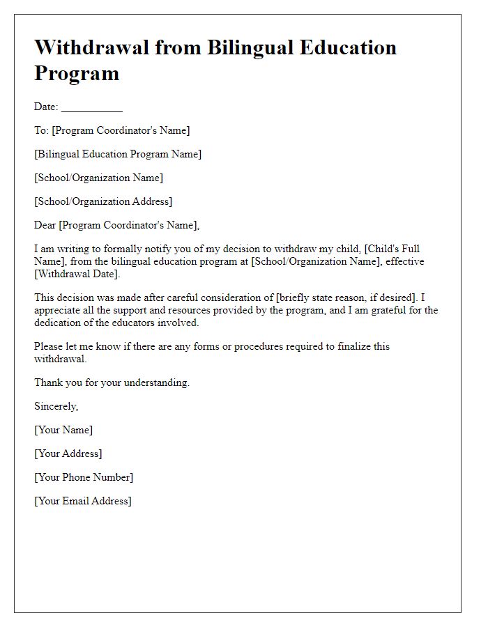 Letter template of withdrawal from bilingual education program