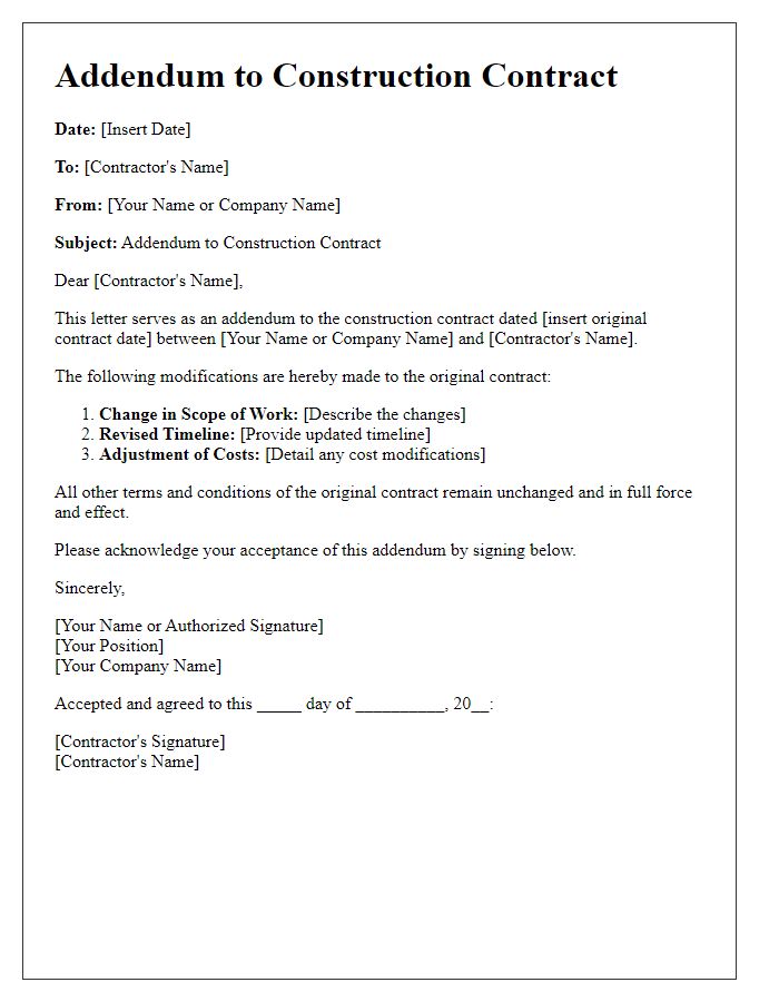 Letter template of addendum to construction contract