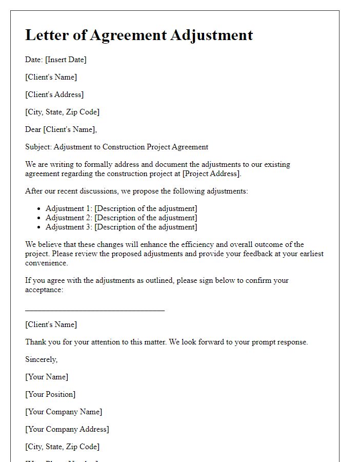 Letter template of agreement adjustment for construction project